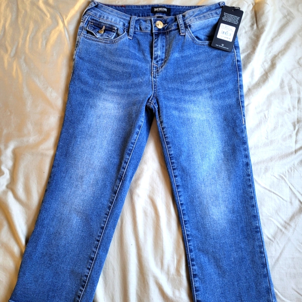 True Religion Women's Blue Billie SN Flap Straight Jeans Capri Size 26